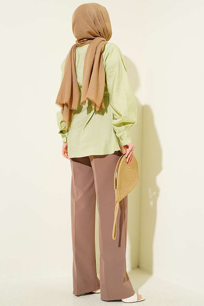 Floral Shirt with Gold Buckle and Cord Belt - Almond Green