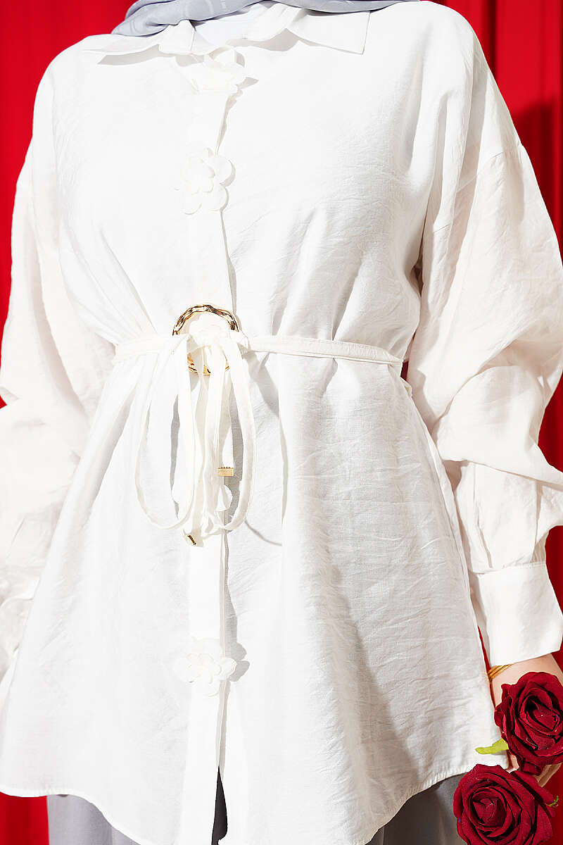 Floral Shirt with Gold Buckle and Cord Belt - Ecru