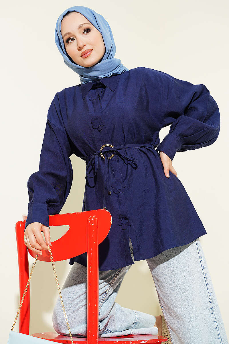 Floral Shirt with Gold Buckle and Cord Belt - Navy