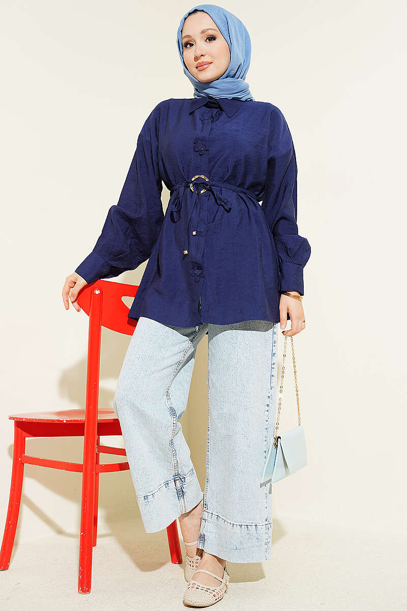 Floral Shirt with Gold Buckle and Cord Belt - Navy