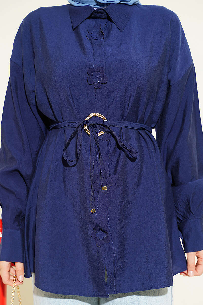 Floral Shirt with Gold Buckle and Cord Belt - Navy