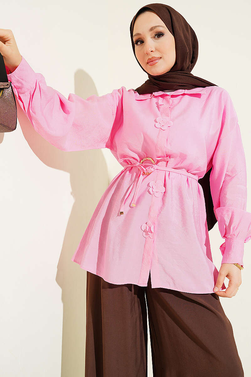 Floral Shirt with Gold Buckle and Cord Belt - Pink