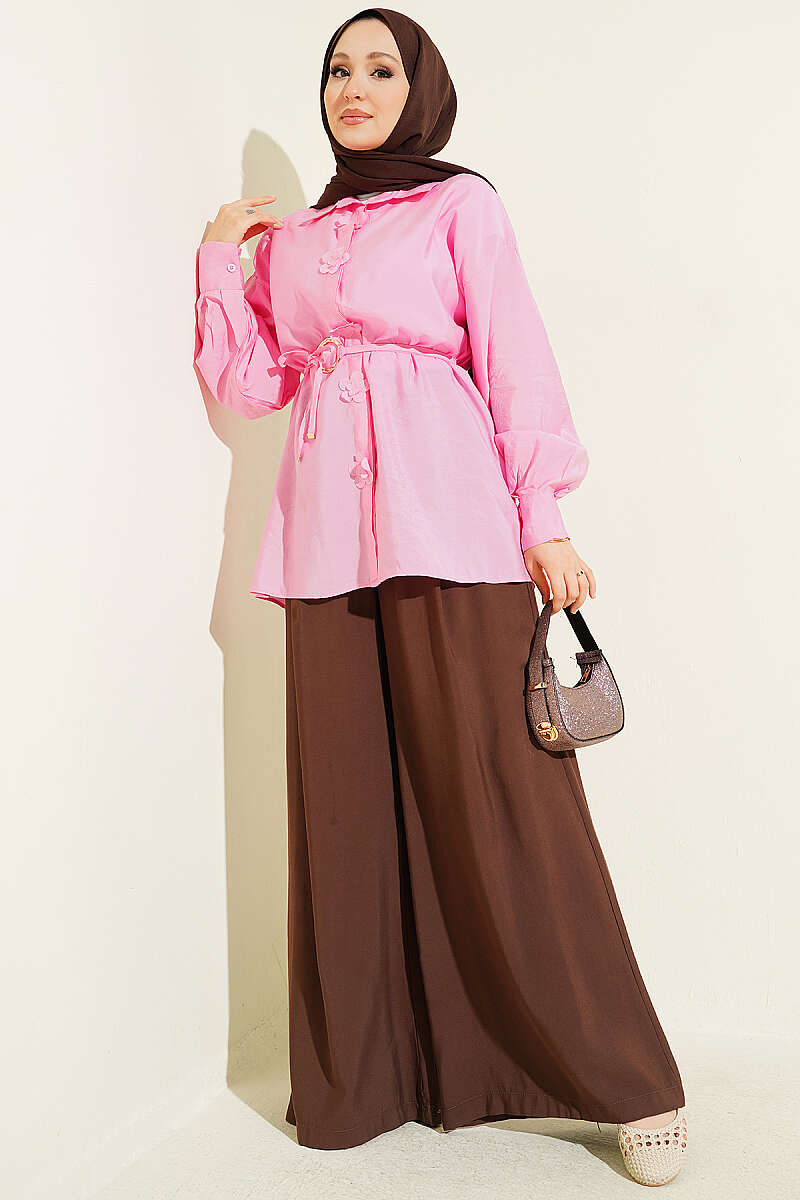 Floral Shirt with Gold Buckle and Cord Belt - Pink
