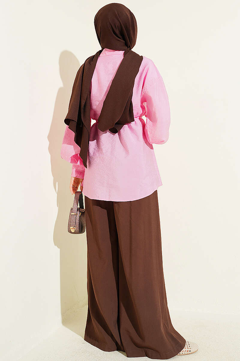 Floral Shirt with Gold Buckle and Cord Belt - Pink