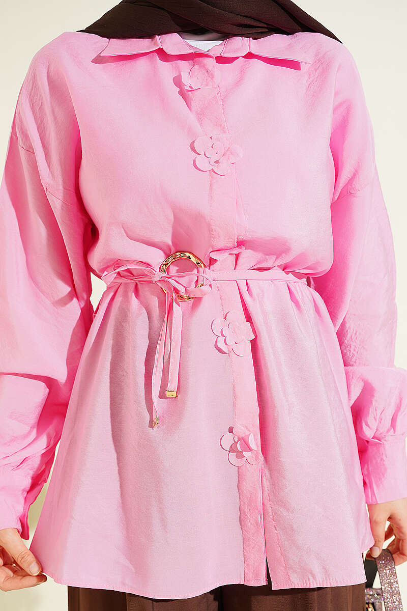 Floral Shirt with Gold Buckle and Cord Belt - Pink