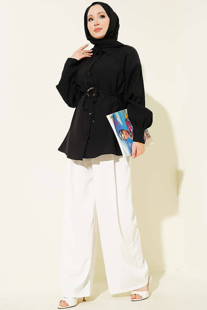 Floral Shirt with Gold Buckle and Cord Belt - Black