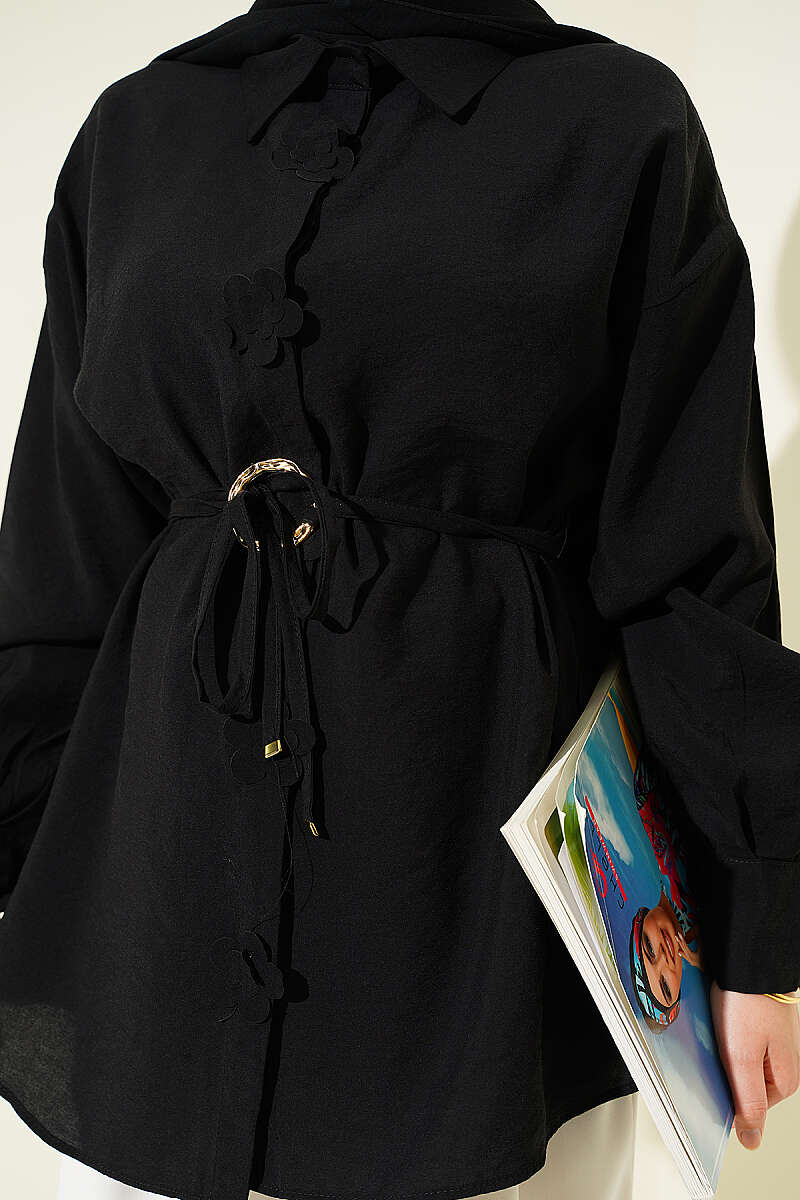 Floral Shirt with Gold Buckle and Cord Belt - Black