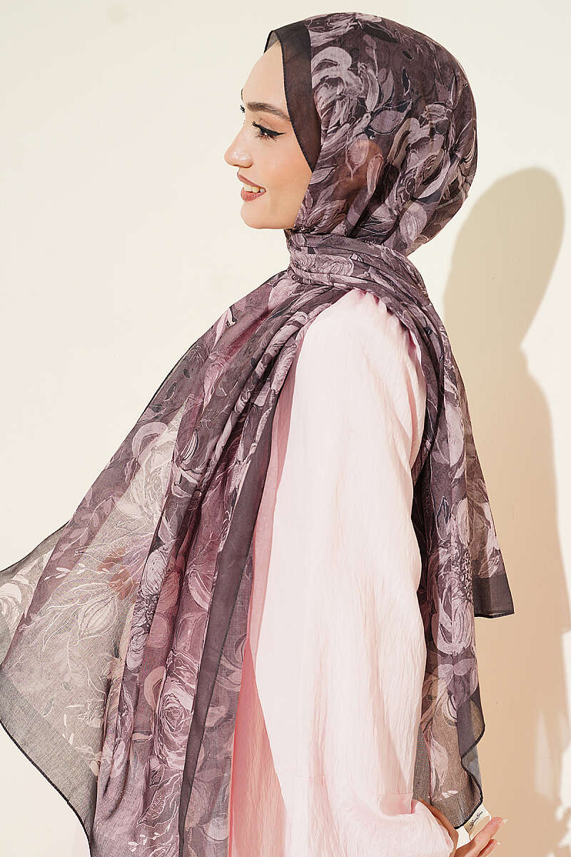 Floral Linen Shawl - Dark Brown