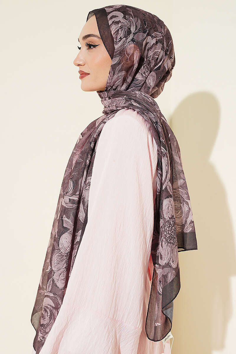 Floral Linen Shawl - Dark Brown