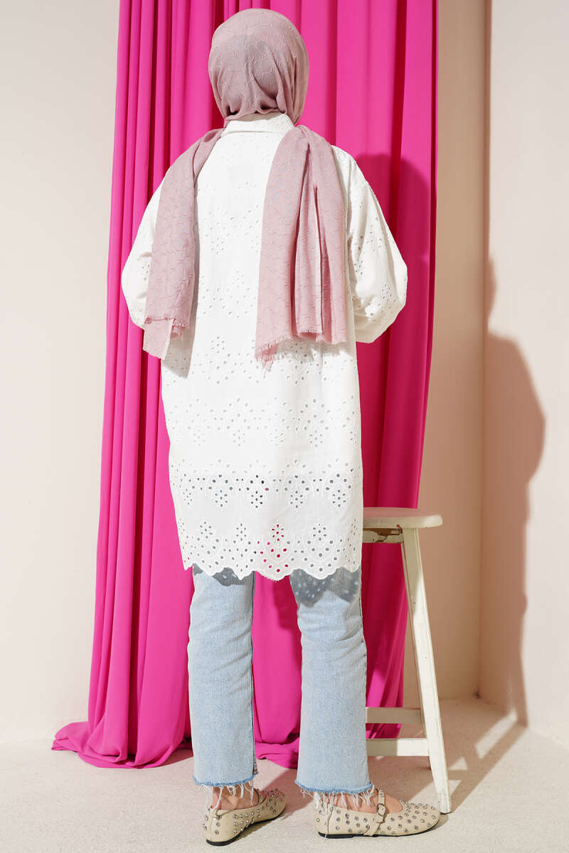 Floral Broderie Tunic with Stones - White
