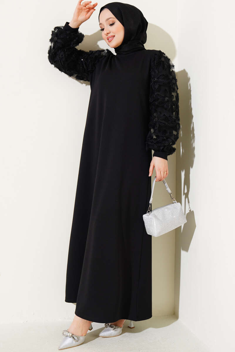 Floral Dress with Tulle Sleeves - Black