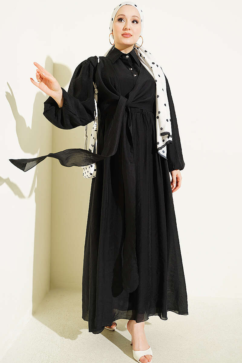 Button Dress with Double Tie - Black