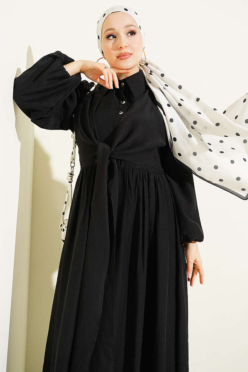 Button Dress with Double Tie - Black