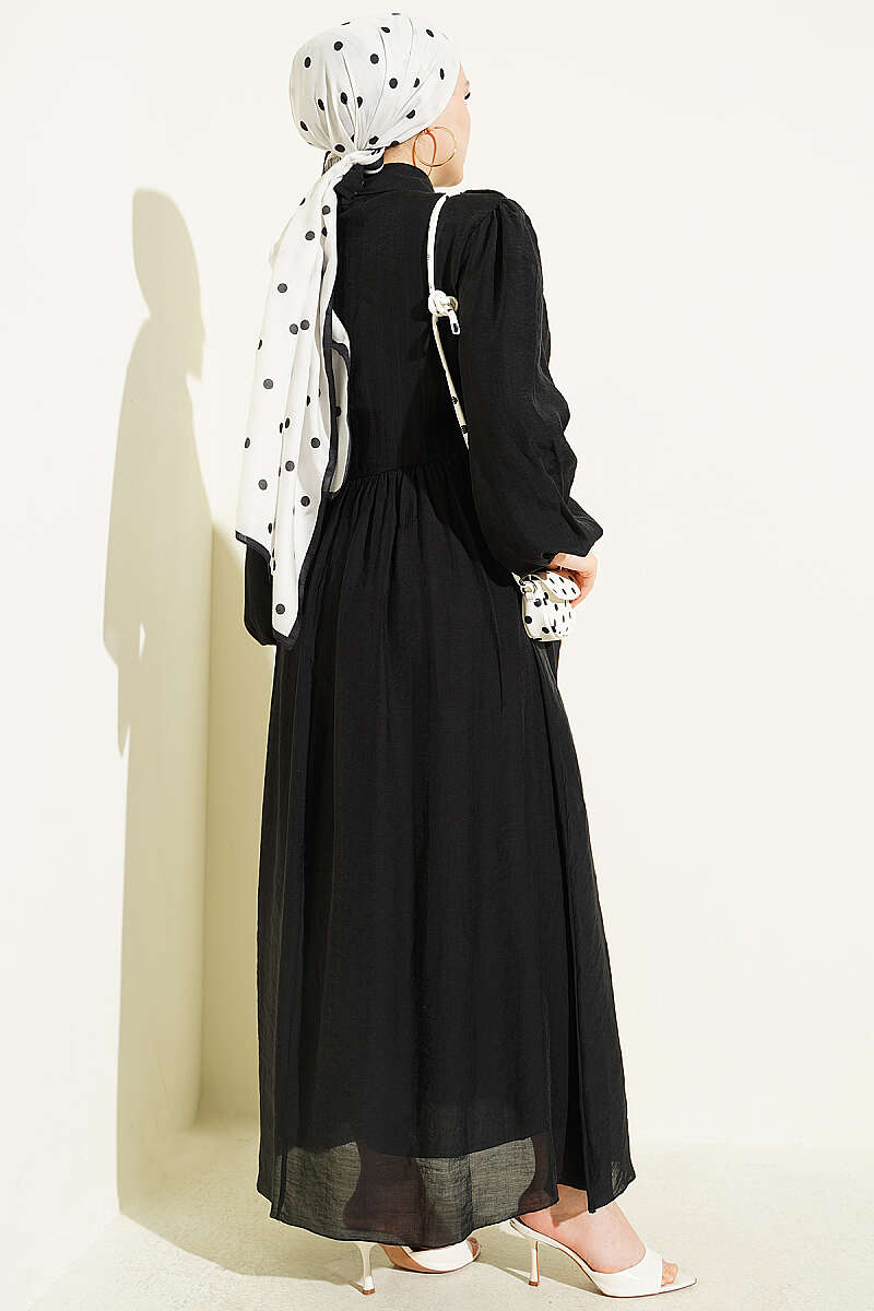 Button Dress with Double Tie - Black