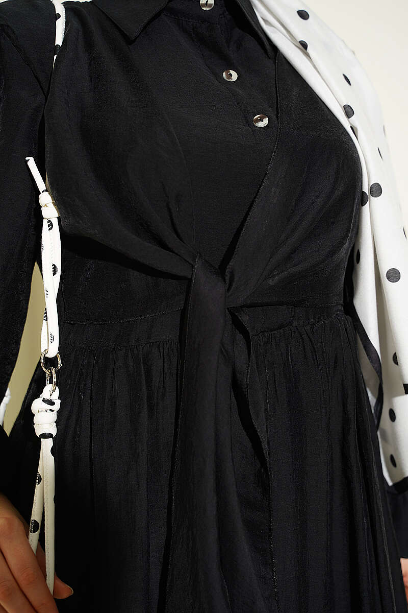 Button Dress with Double Tie - Black