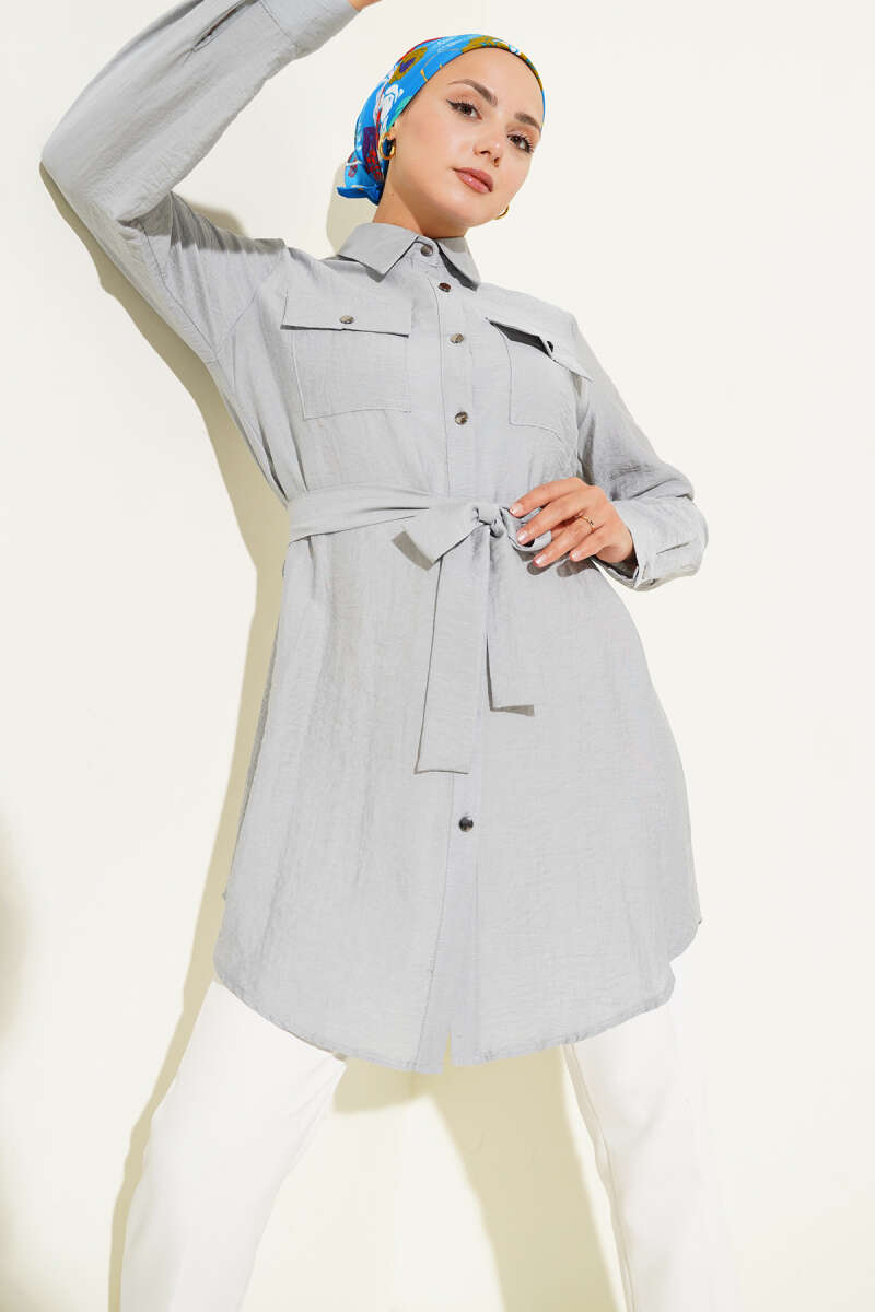 Two-Pocket Tunic with Tie Waist - Grey