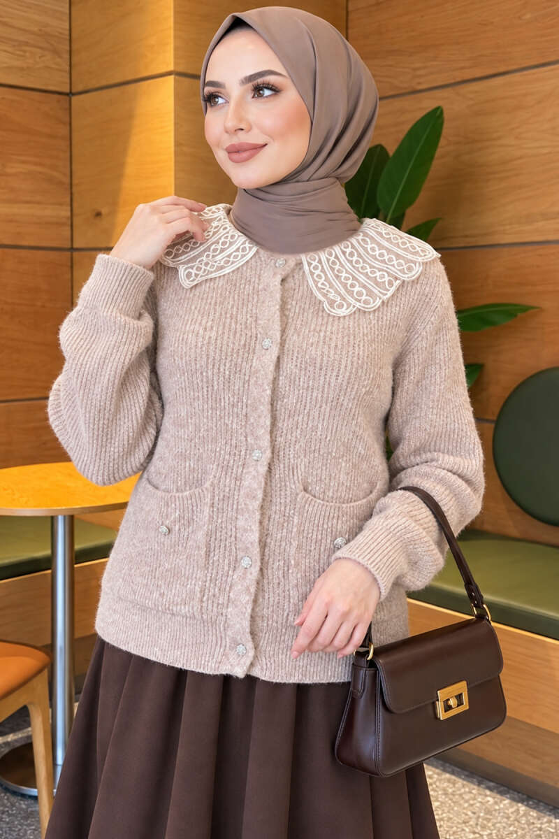 Knit Cardigan with Lace Collar and Two Pockets - Beige