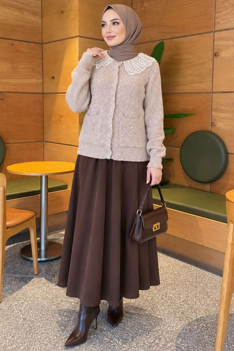 Knit Cardigan with Lace Collar and Two Pockets - Beige