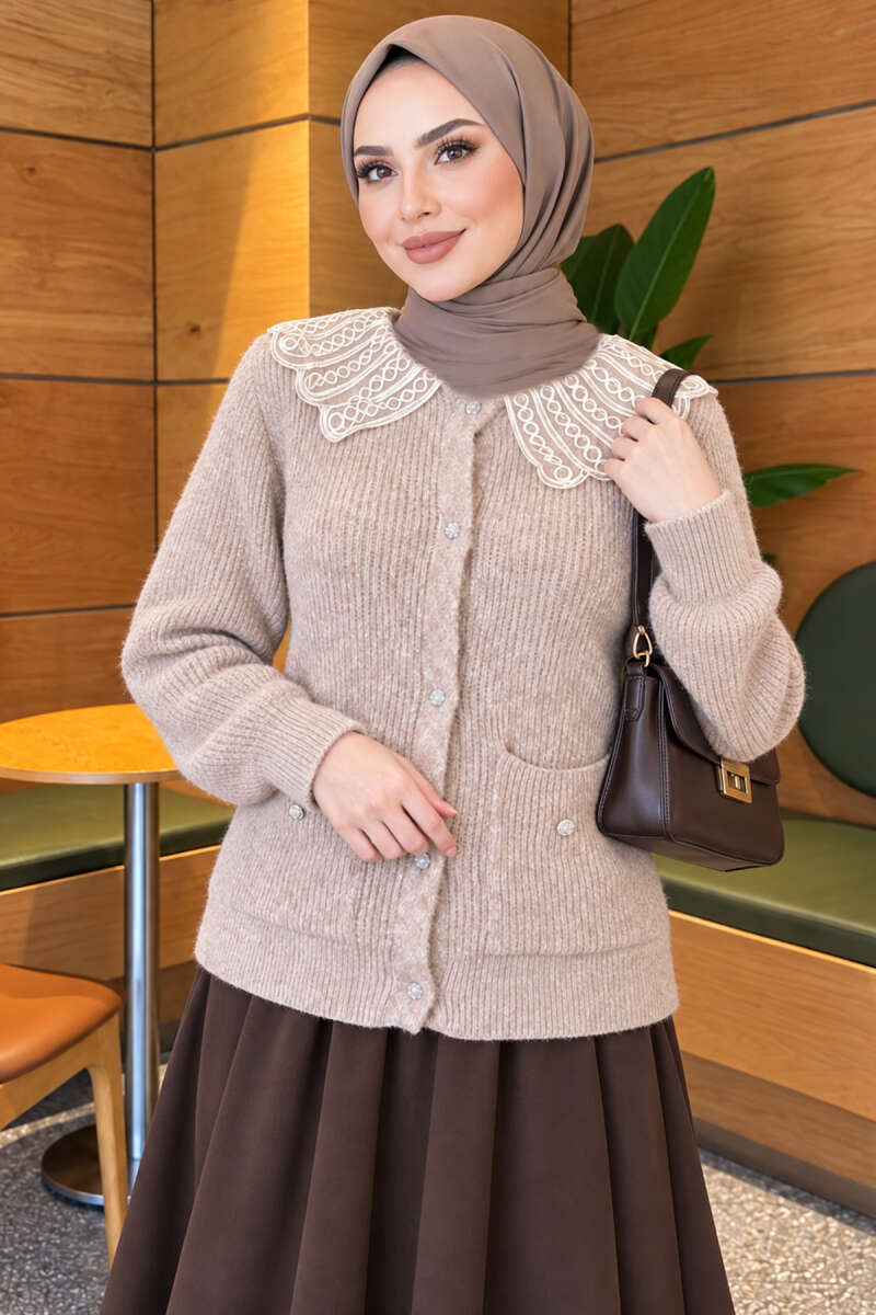 Knit Cardigan with Lace Collar and Two Pockets - Beige