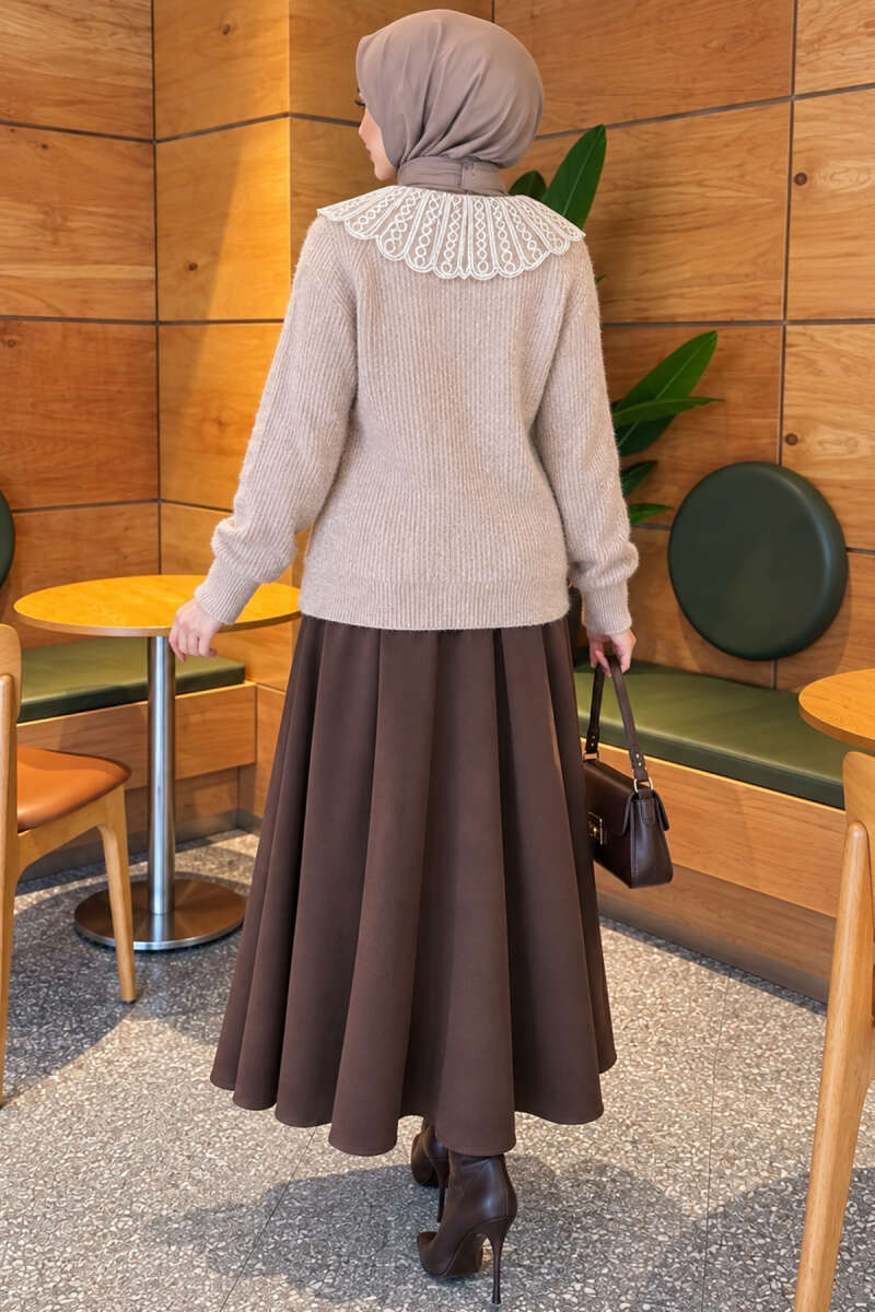 Knit Cardigan with Lace Collar and Two Pockets - Beige