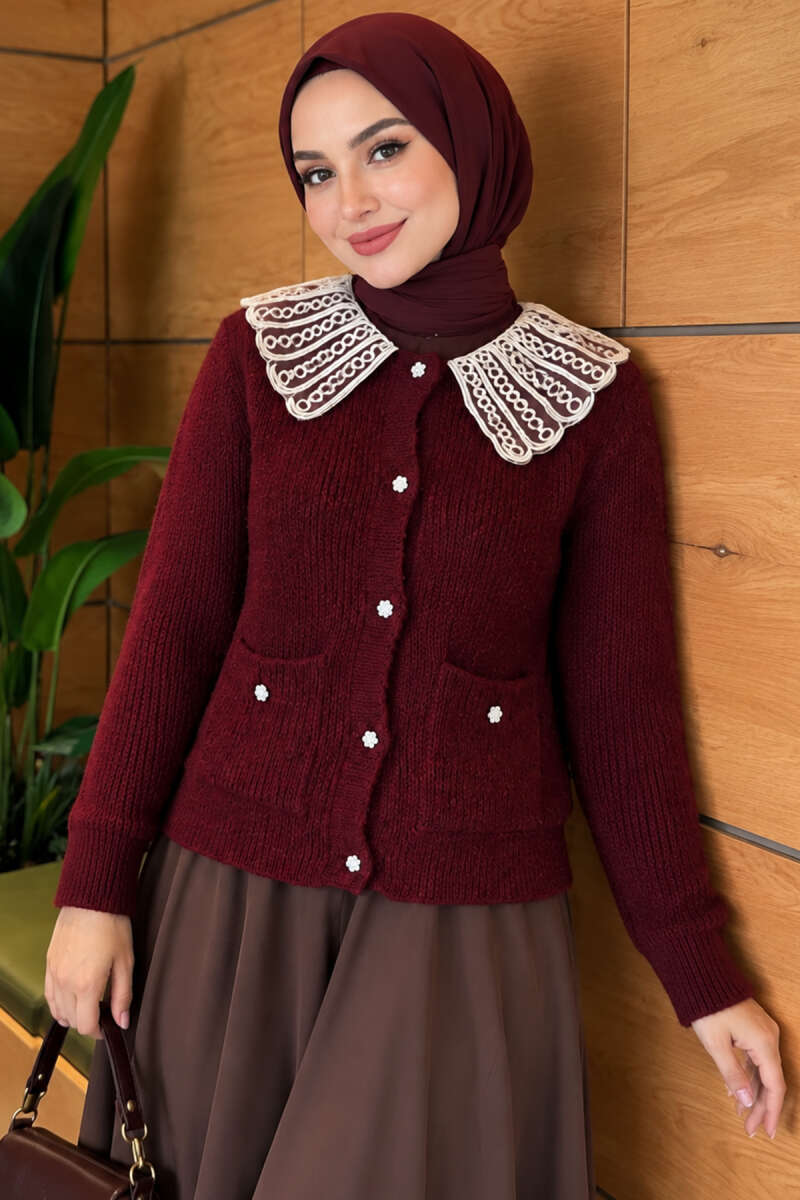 Knit Cardigan with Lace Collar and Two Pockets - Burgundy