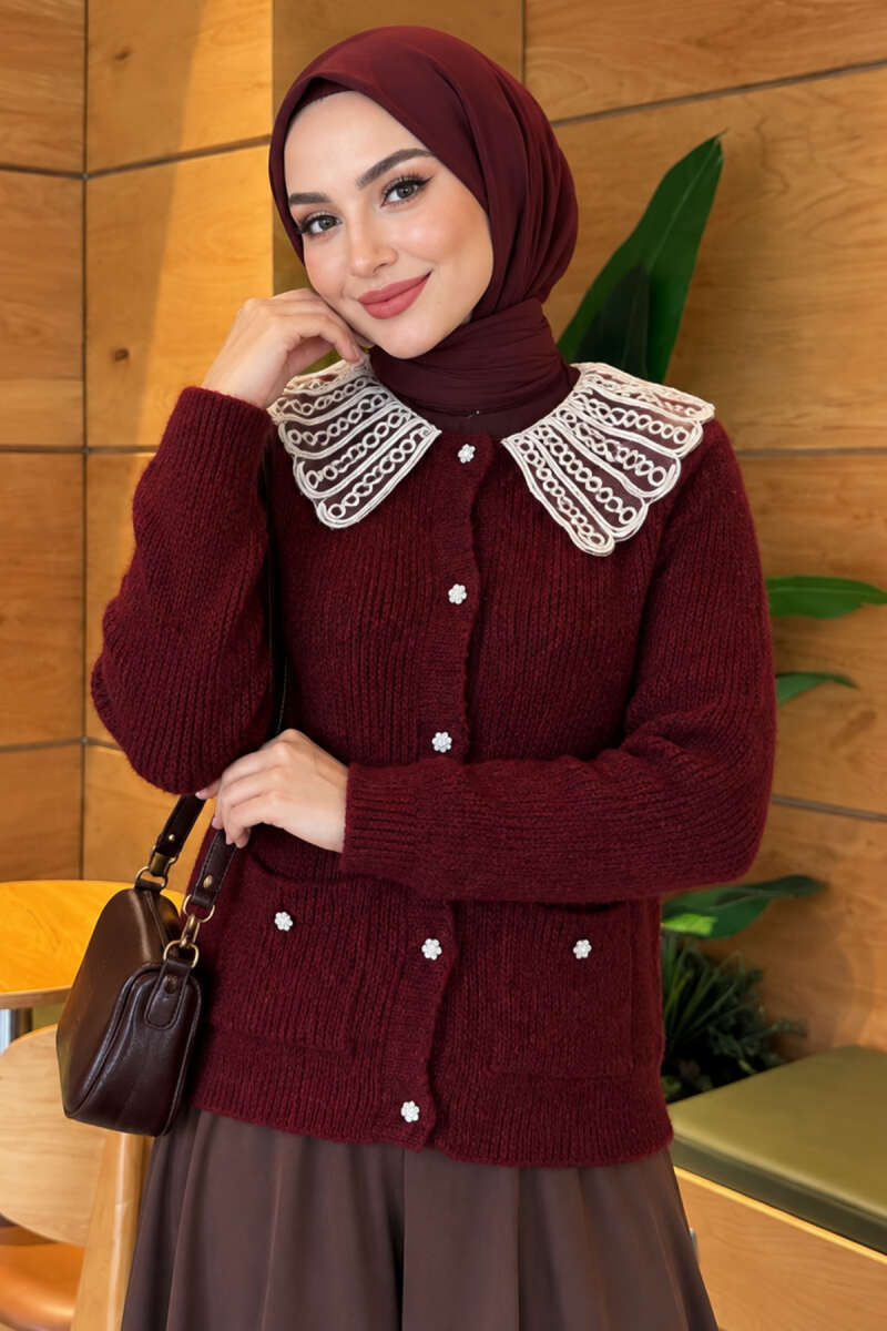 Knit Cardigan with Lace Collar and Two Pockets - Burgundy