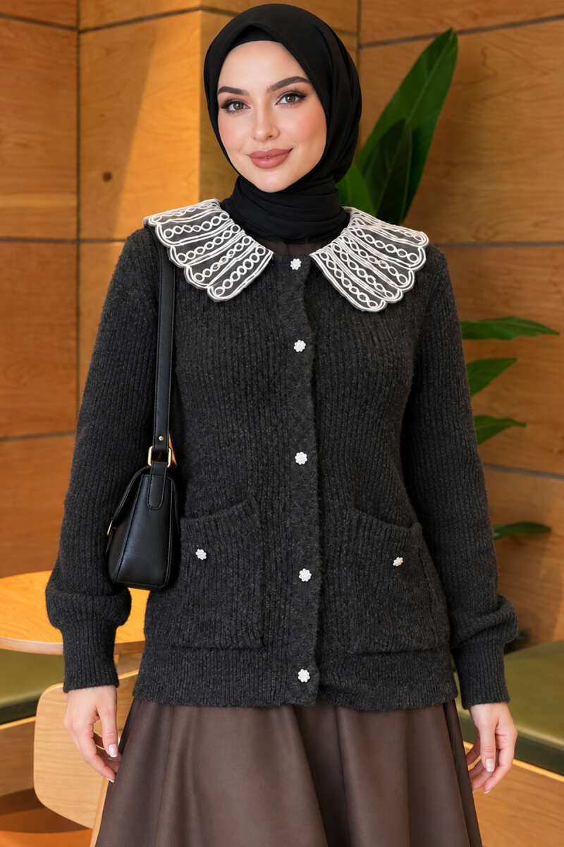 Knit Cardigan with Lace Collar and Two Pockets - Smoke Grey