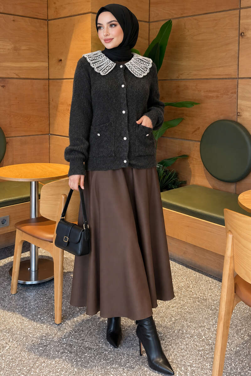 Knit Cardigan with Lace Collar and Two Pockets - Smoke Grey