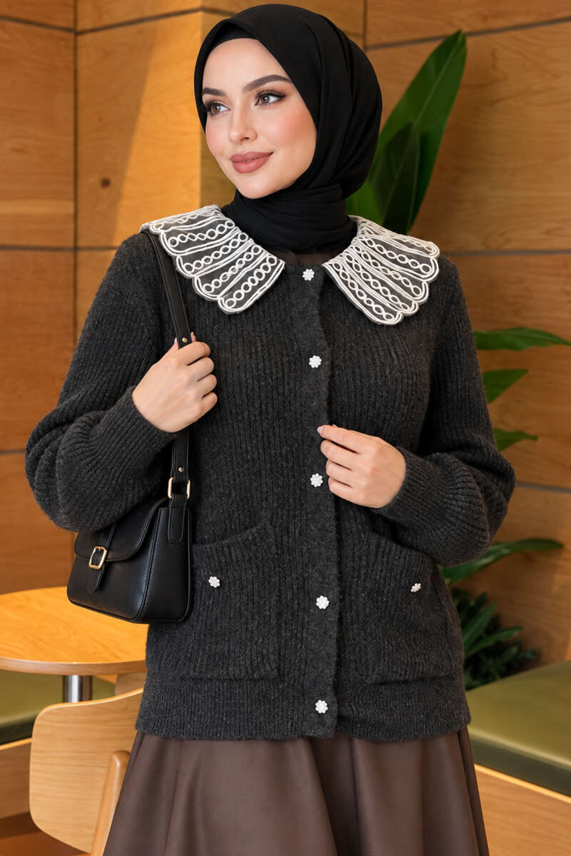 Knit Cardigan with Lace Collar and Two Pockets - Smoke Grey