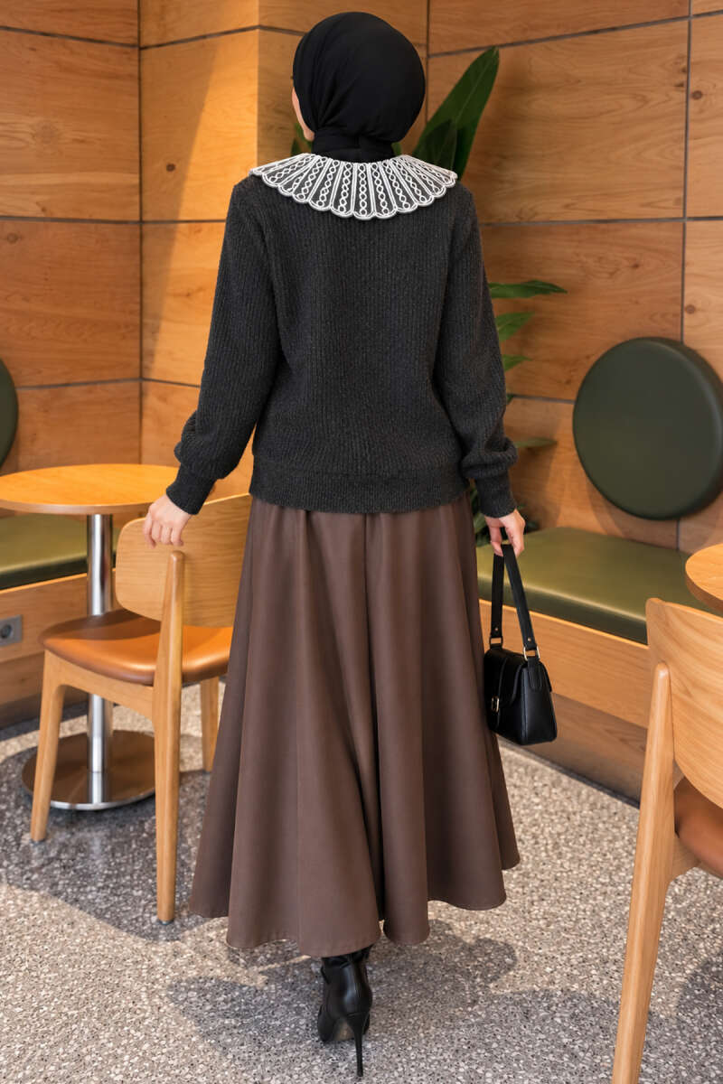 Knit Cardigan with Lace Collar and Two Pockets - Smoke Grey