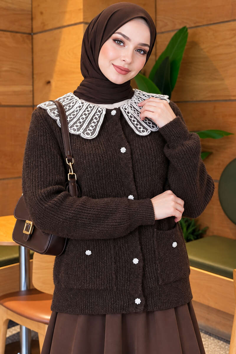 Knit Cardigan with Lace Collar and Two Pockets - Brown