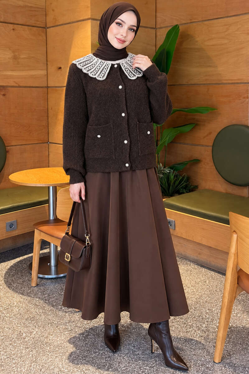 Knit Cardigan with Lace Collar and Two Pockets - Brown