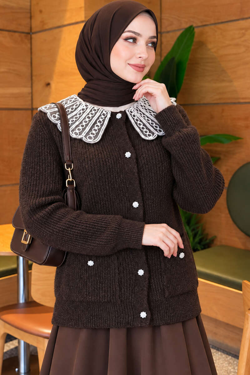 Knit Cardigan with Lace Collar and Two Pockets - Brown
