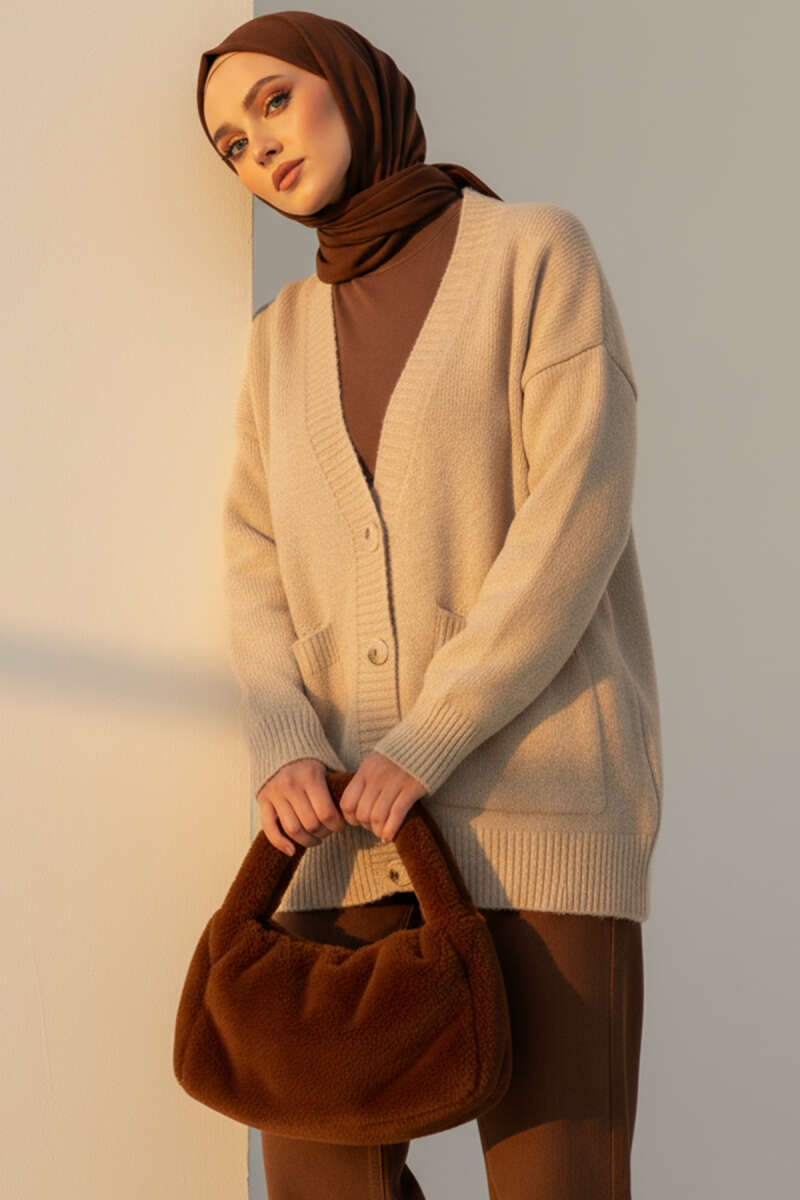Button Knit Cardigan with Two Pockets - Beige
