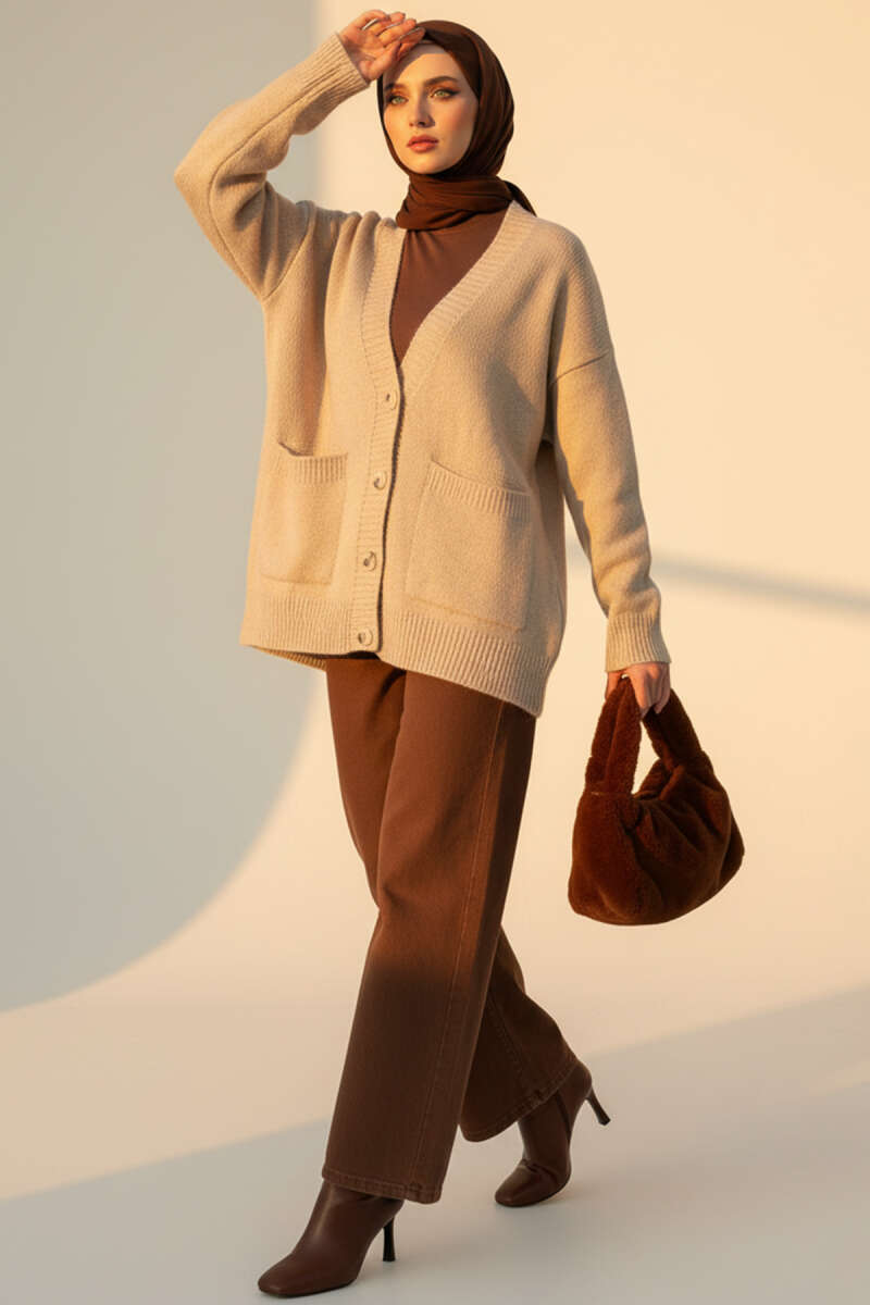 Button Knit Cardigan with Two Pockets - Beige