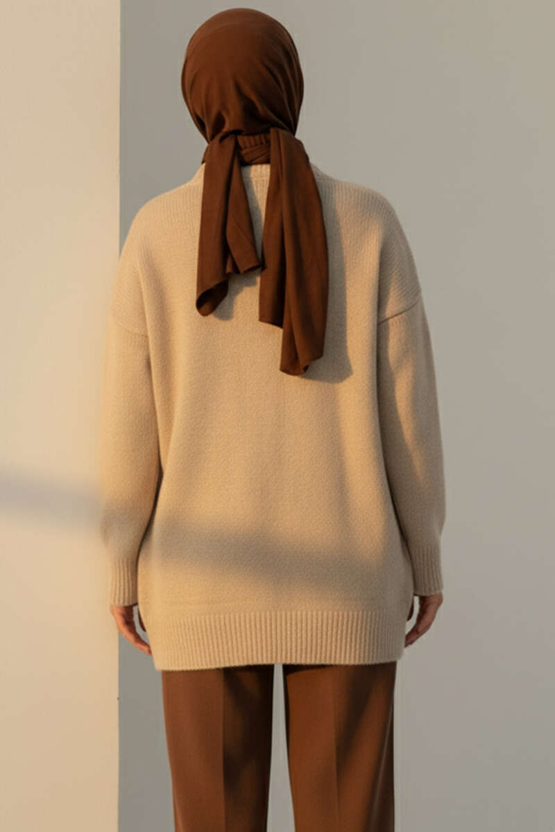 Button Knit Cardigan with Two Pockets - Beige