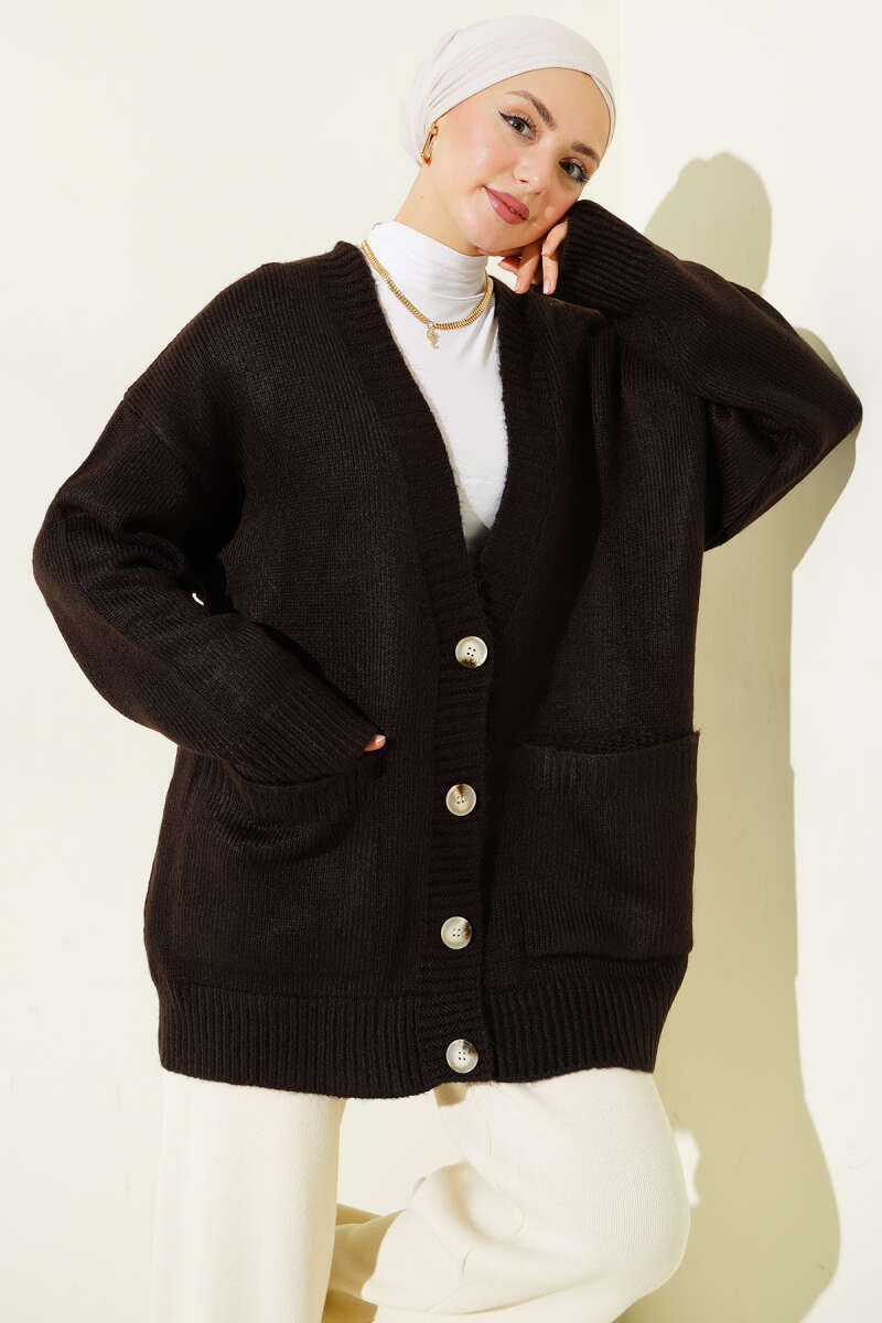 Button Knit Cardigan with Two Pockets - Brown