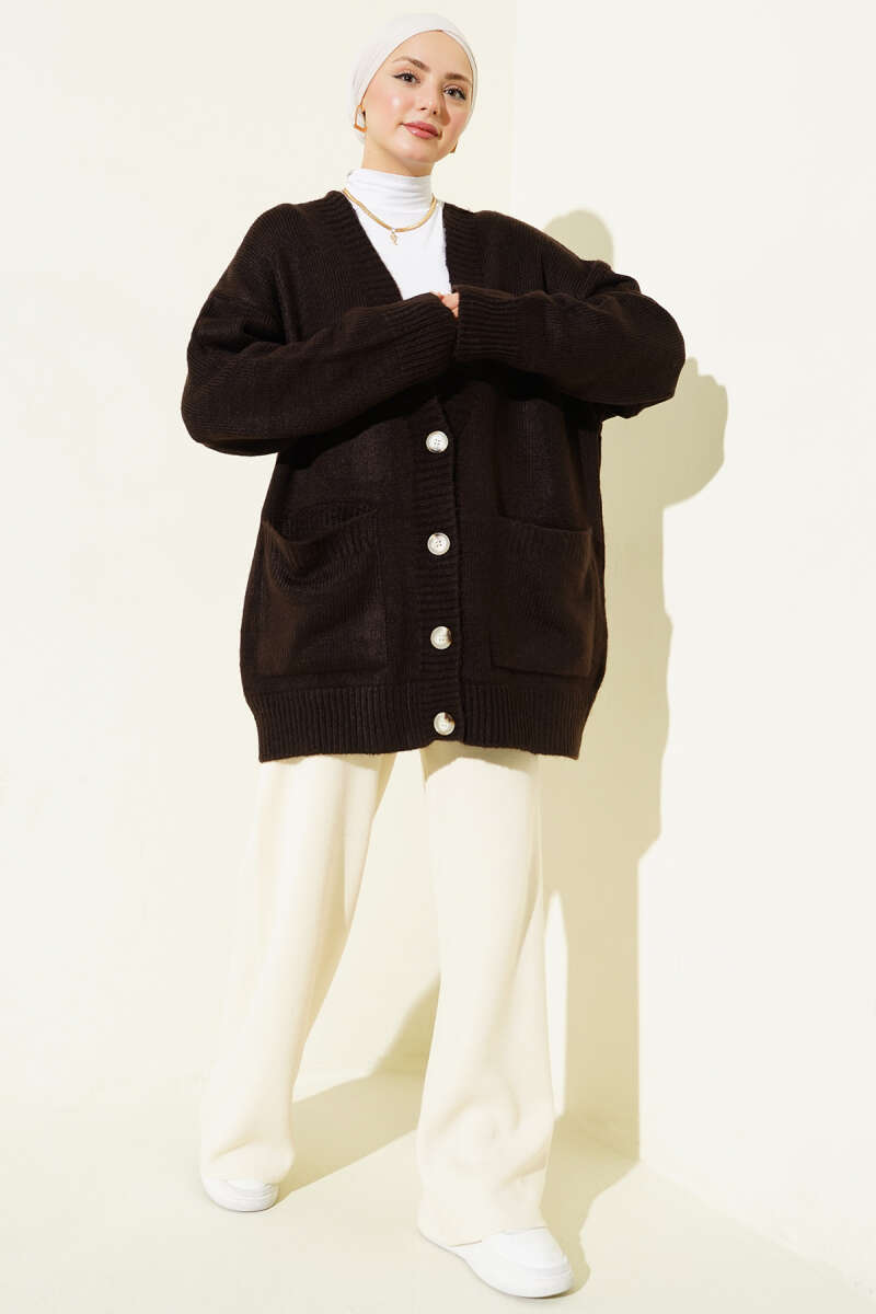 Button Knit Cardigan with Two Pockets - Brown