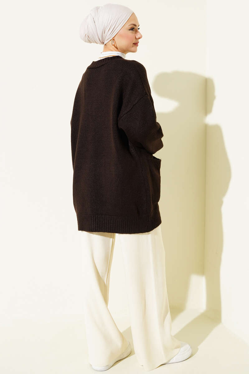 Button Knit Cardigan with Two Pockets - Brown