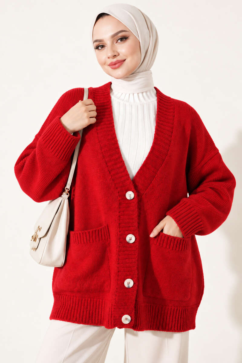 Button Knit Cardigan with Two Pockets - Red