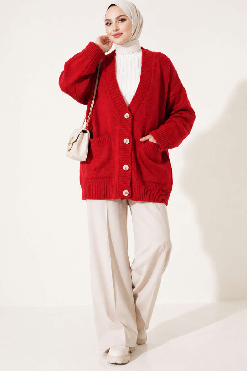 Button Knit Cardigan with Two Pockets - Red