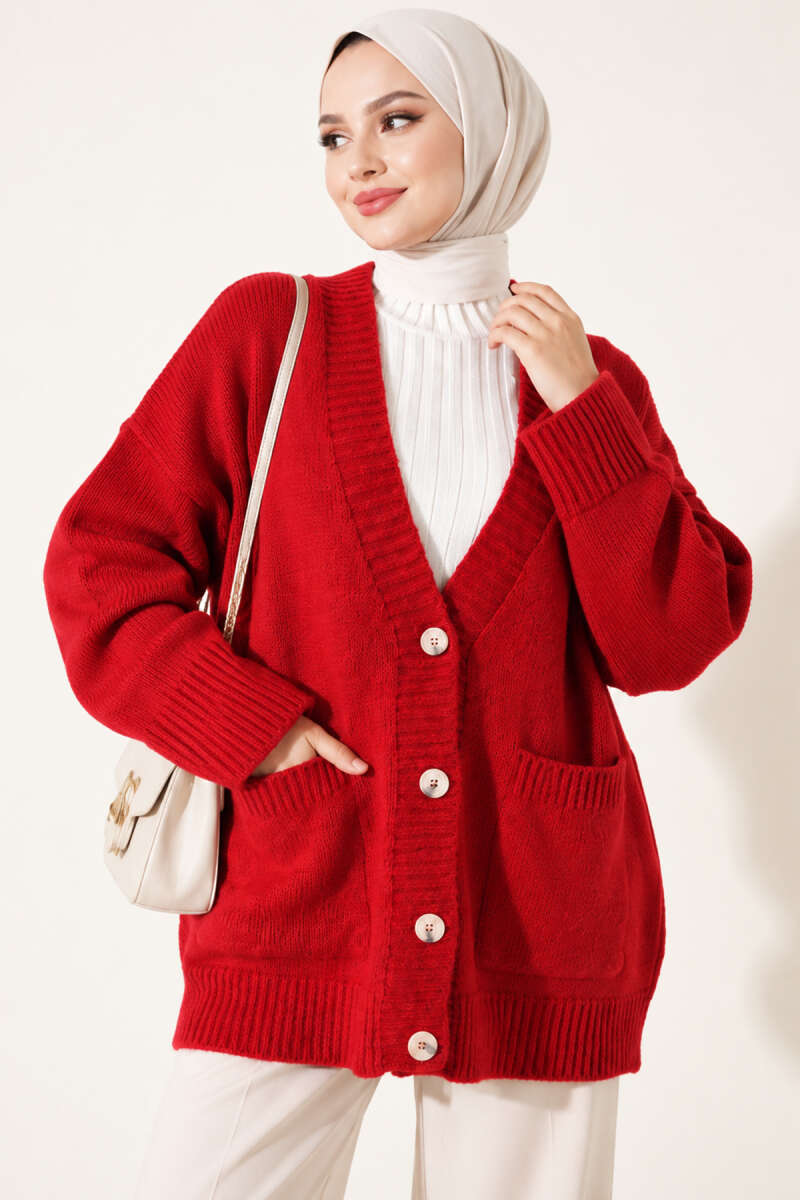 Button Knit Cardigan with Two Pockets - Red