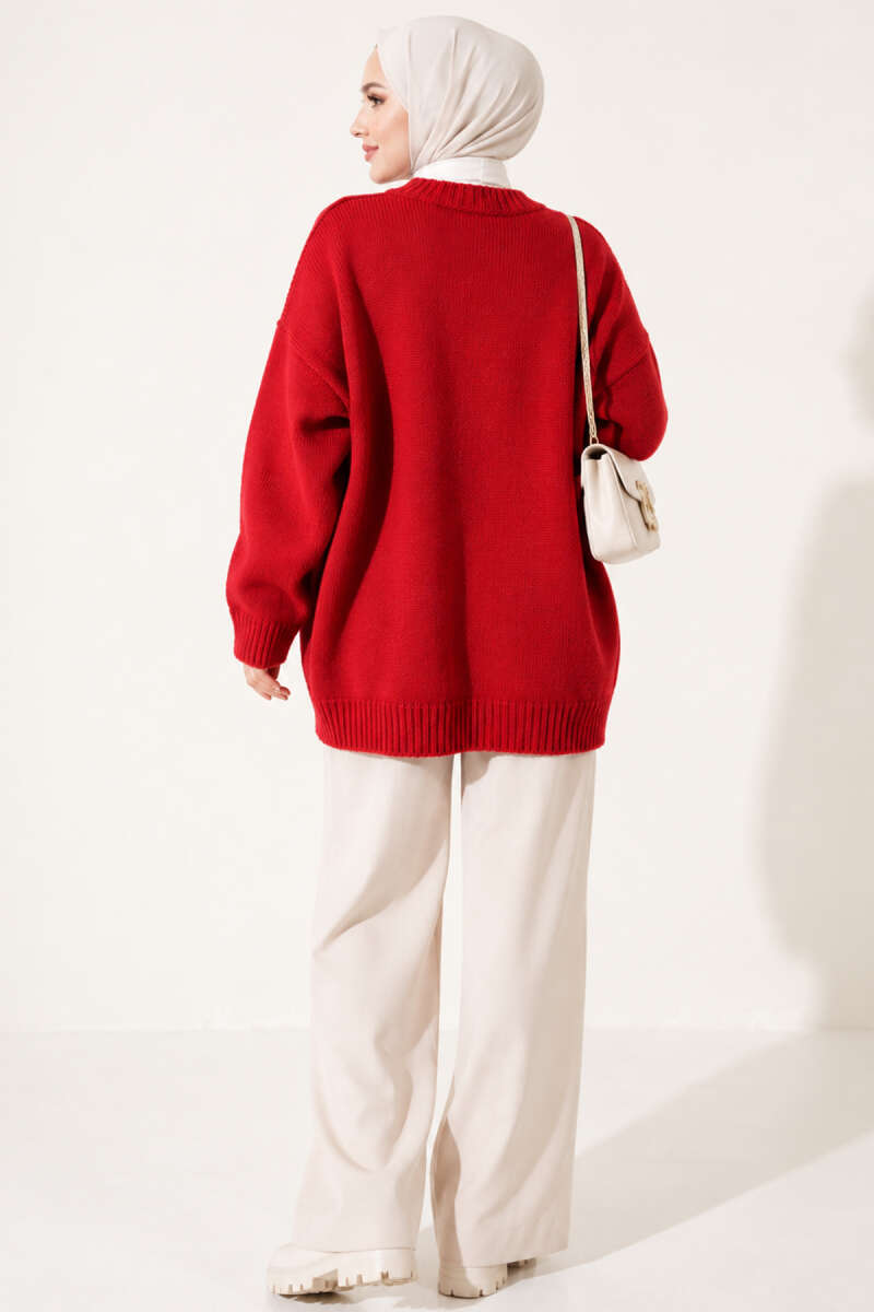 Button Knit Cardigan with Two Pockets - Red