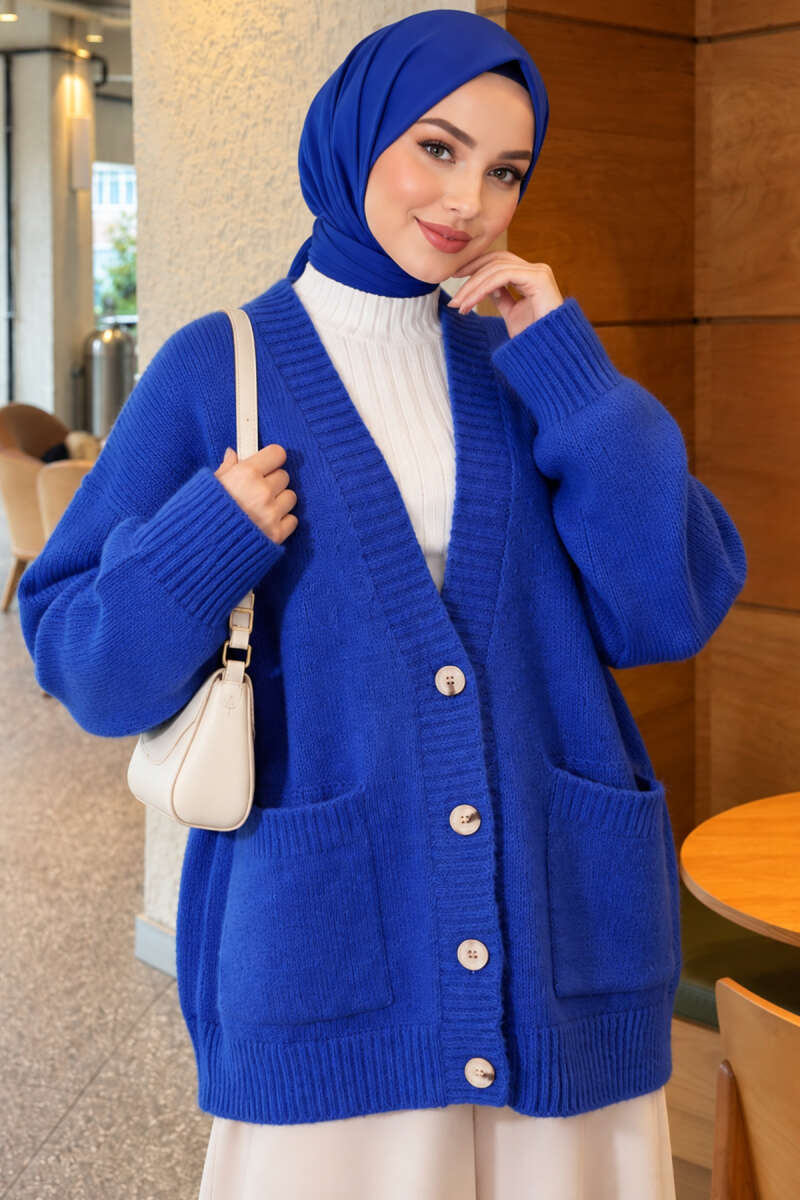Button Knit Cardigan with Two Pockets - Saxe Blue