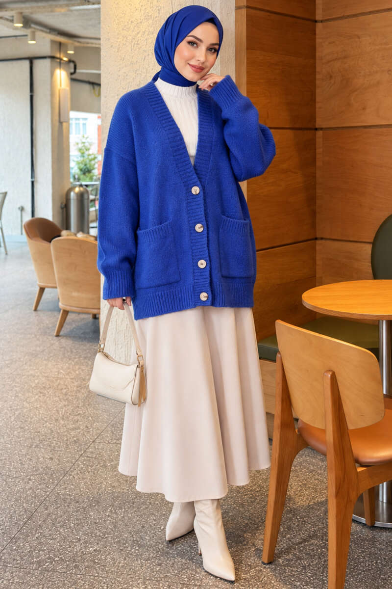 Button Knit Cardigan with Two Pockets - Saxe Blue