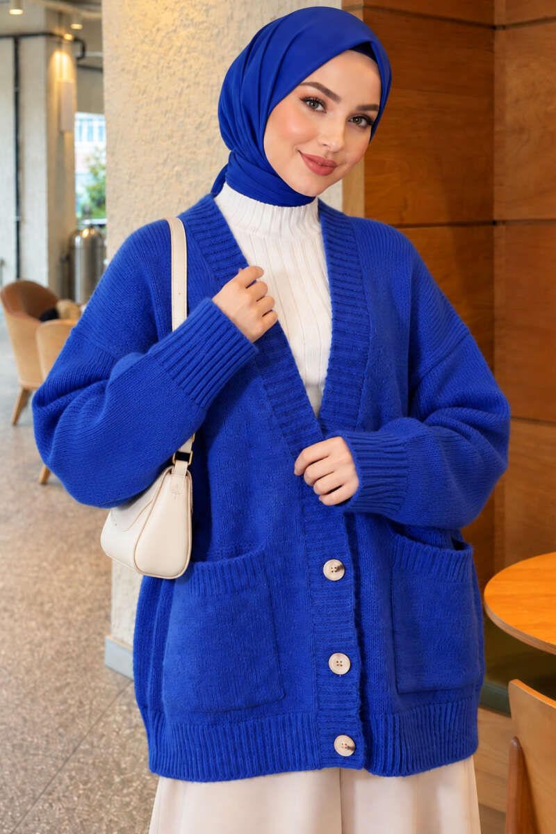 Button Knit Cardigan with Two Pockets - Saxe Blue