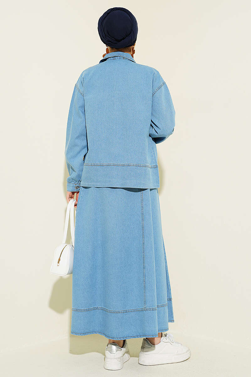 Zip Denim Skirt Set with Two Pockets - Light Blue