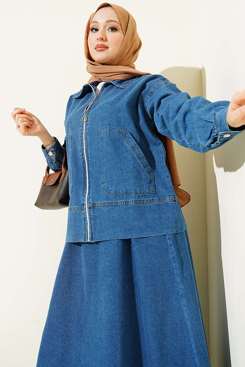 Zip Denim Skirt Set with Two Pockets - Blue
