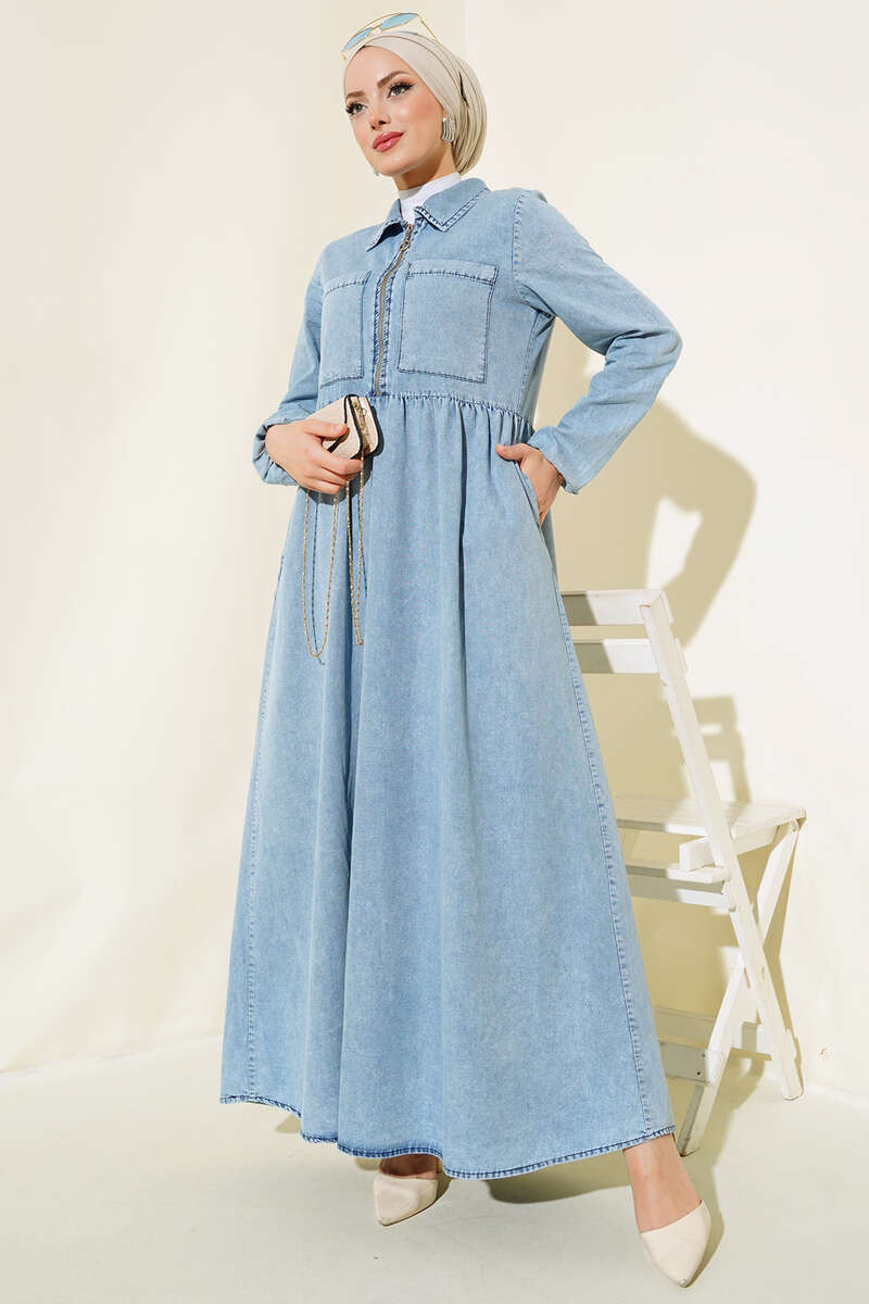 Zip Denim Dress with Two Pockets - Denim Blue