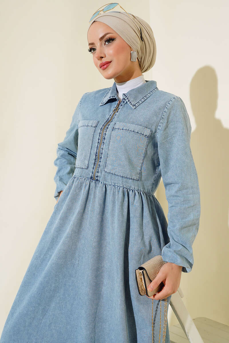 Zip Denim Dress with Two Pockets - Denim Blue
